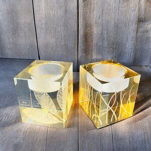 Simon Designs Yellow Crystal Glass Candle Votive Set Of 2 Leaf Design Glassware